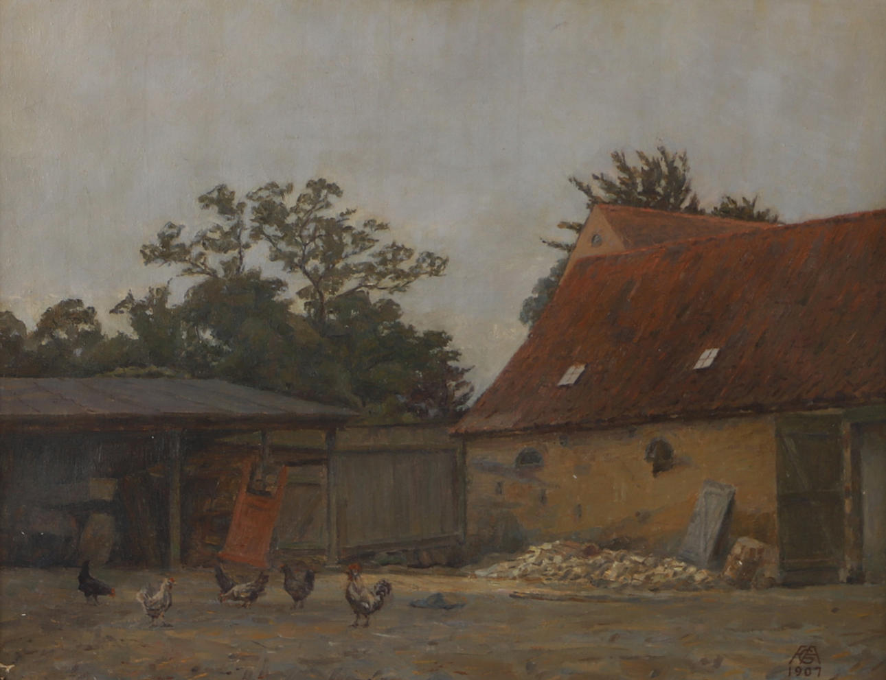 OIDENTIFIERAD KONSTNÄR. Farm with chickens, oil on canvas, signed F.G.A.