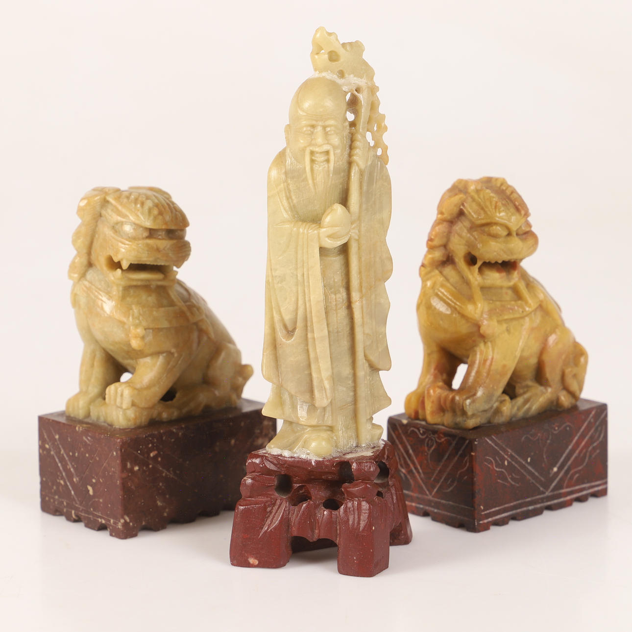 FIGURINES, 3 pieces, soapstone, China.