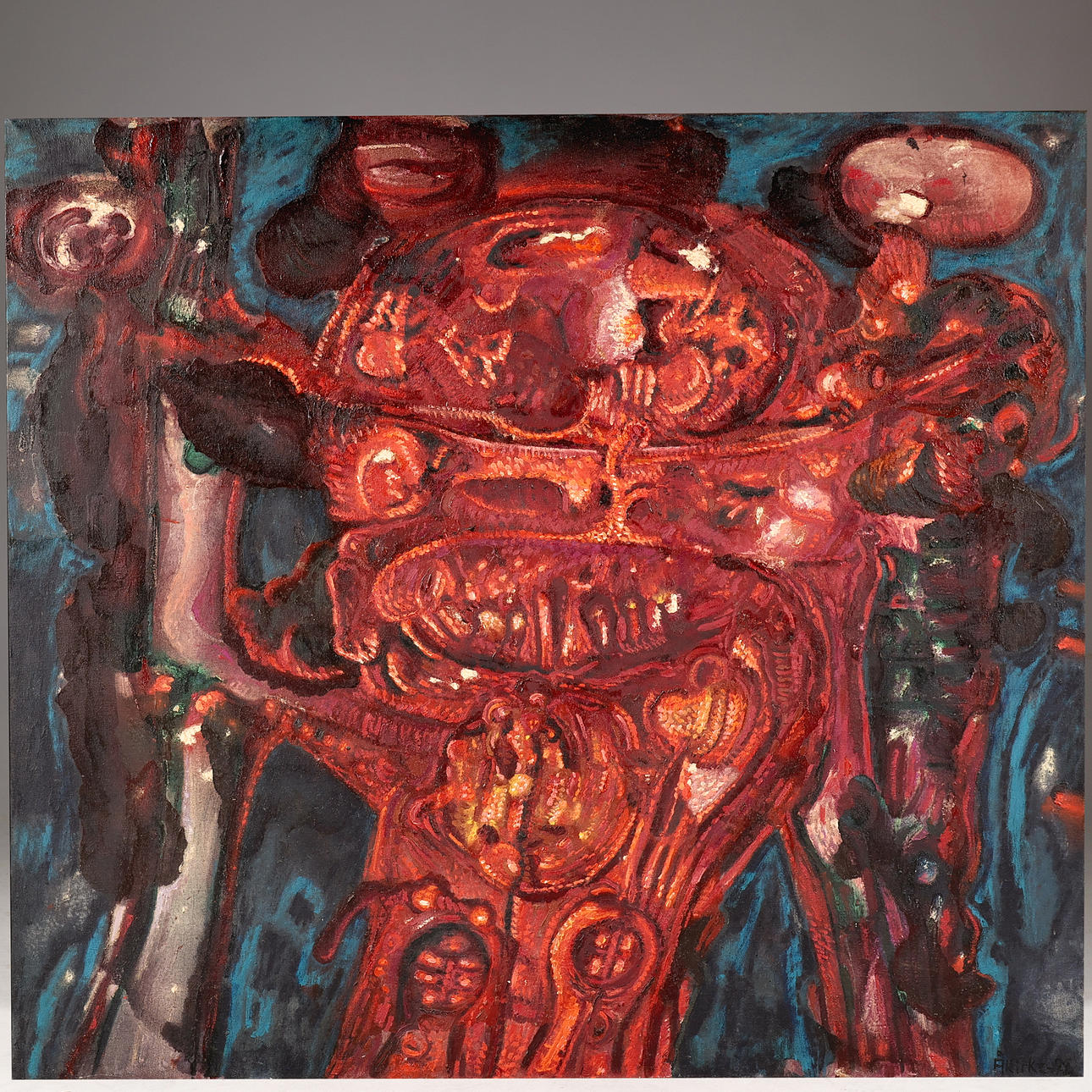 LARS ÅKIRKE (1926-2004). Composition 'Growing Red Sun-Forms', oil on canvas.