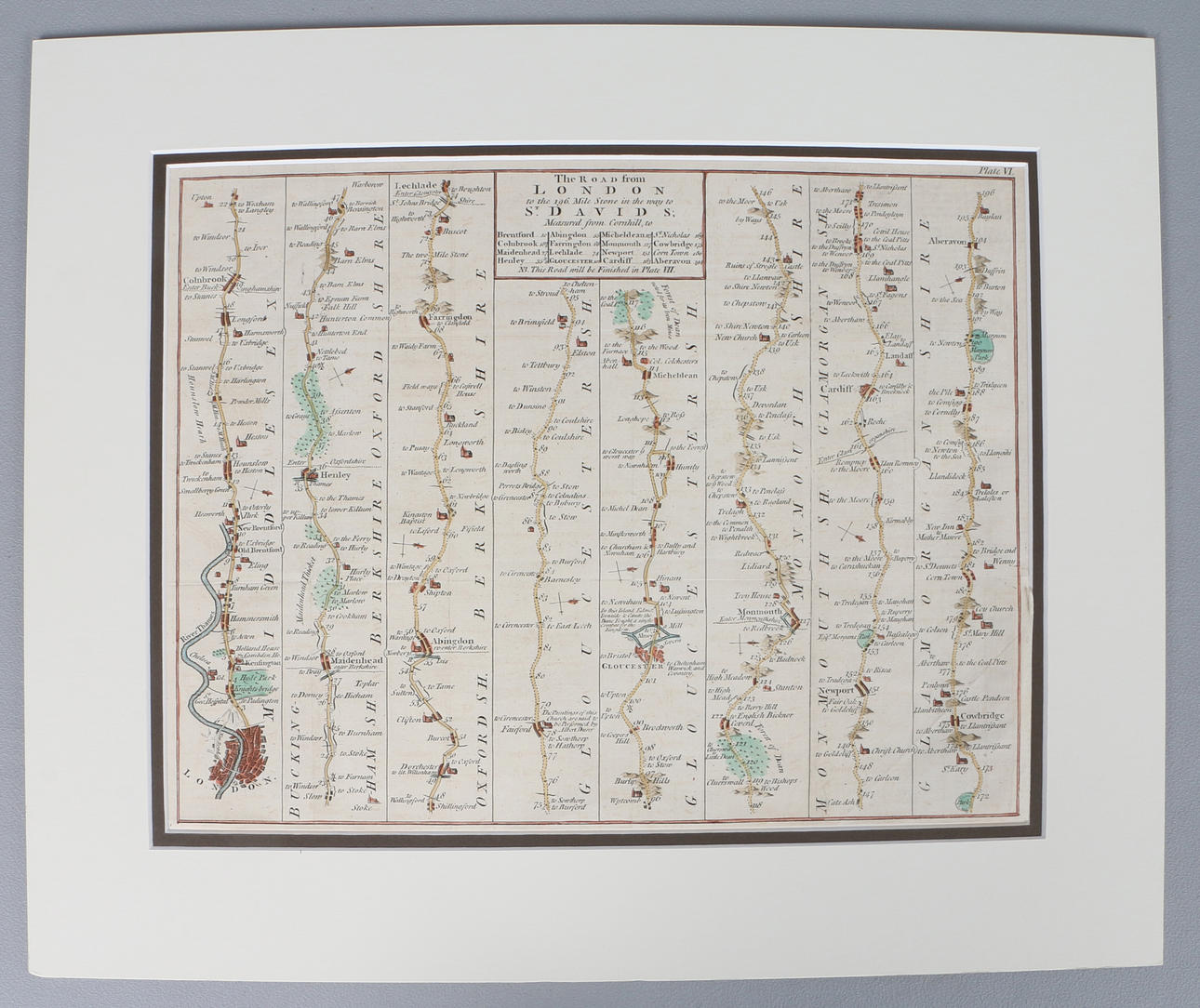 THE ROAD FROM LONDON TO ST. DAVIDS — STRIP ROAD MAP ATTRIBUTED TO THOMAS KITCHIN, C. 1767.