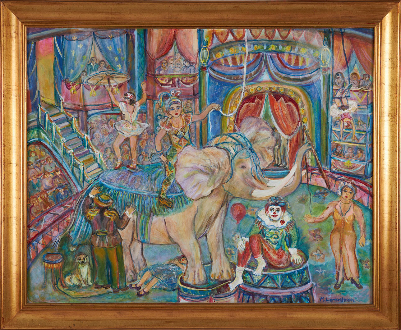 MONICA LORENTZON. “A circus performance”, oil on canvas, signed.