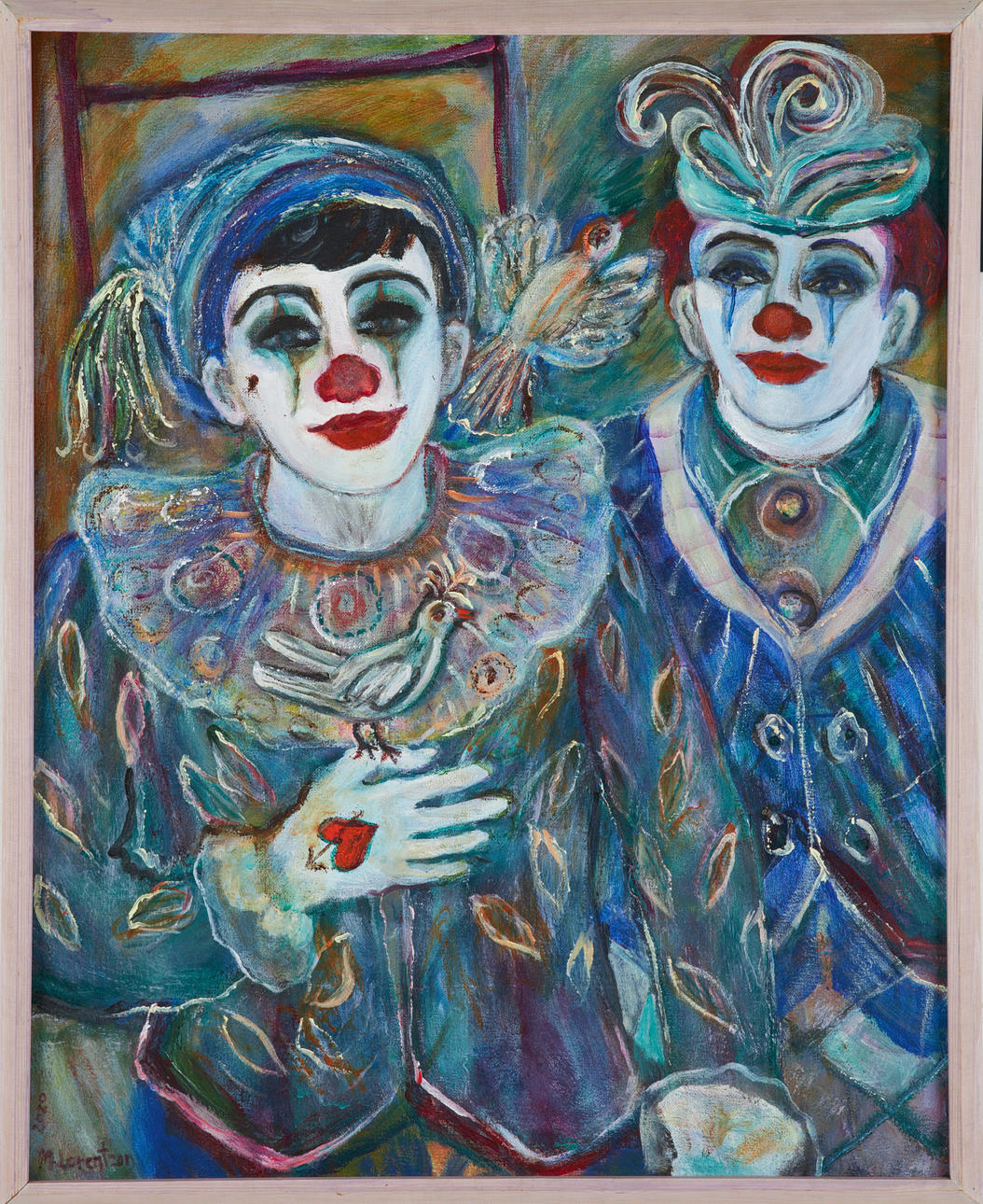MONICA LORENTZON. Two clowns, oil on canvas, signed and dated 2020.
