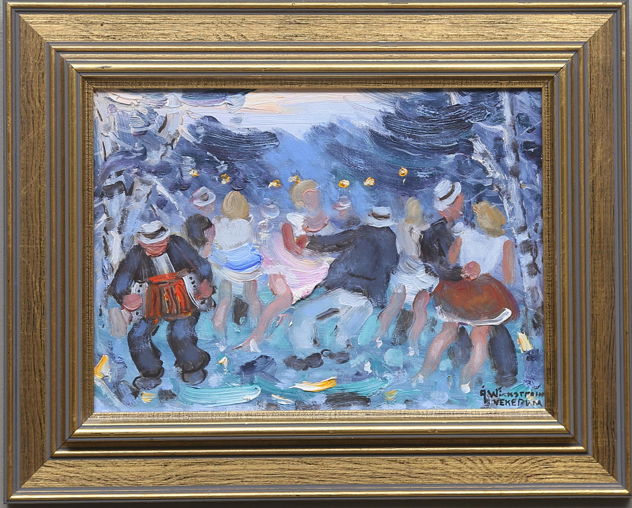 ÅKE WICKSTRÖM. "Dans i sladdabacken. Händelse 1942." Olja på duk. Signerad.