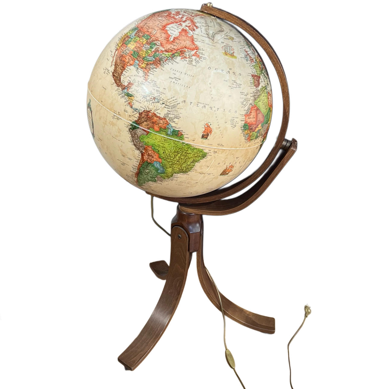 Globe with light with wooden base.