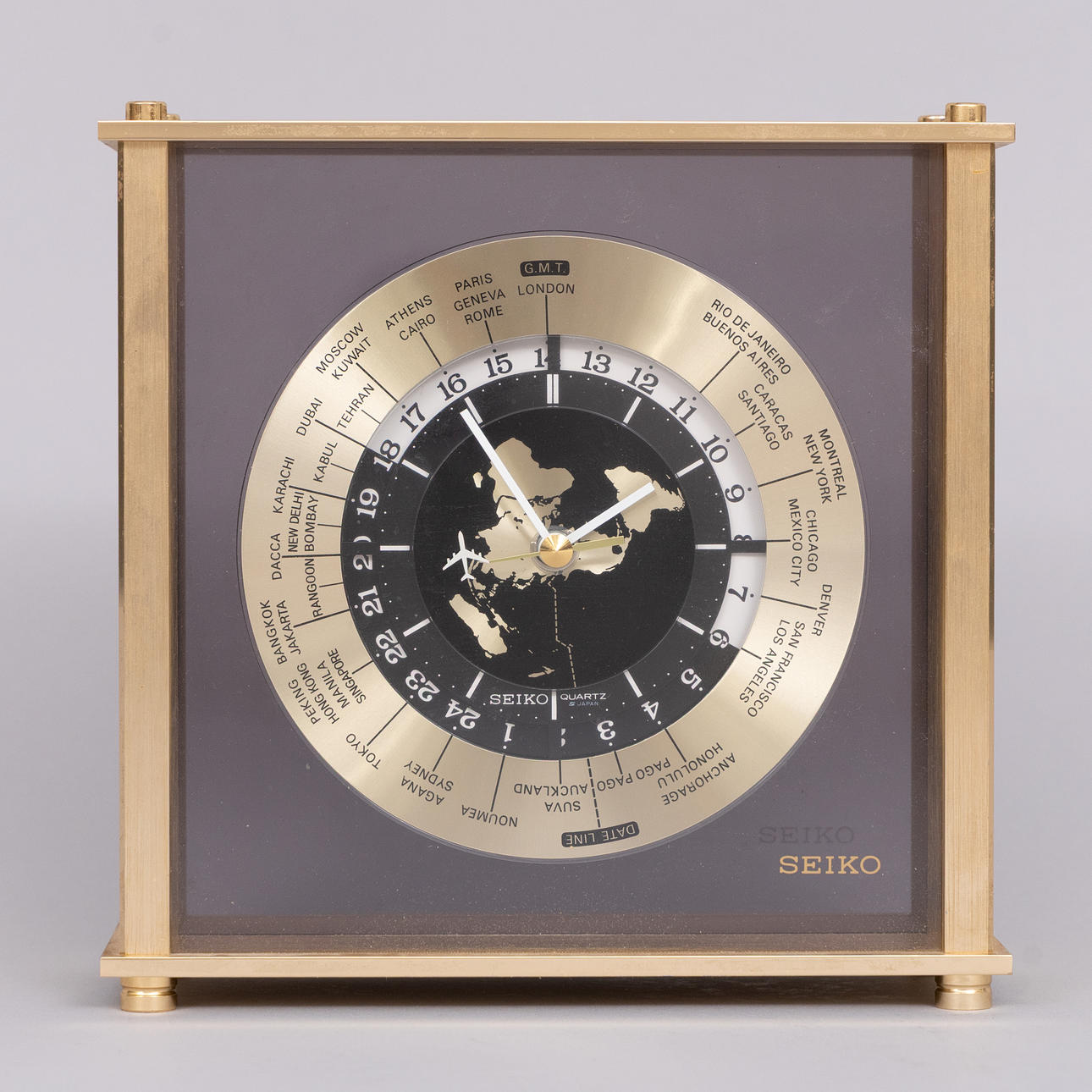 TABLE CLOCK, brass, world clock, quartz, Seiko.