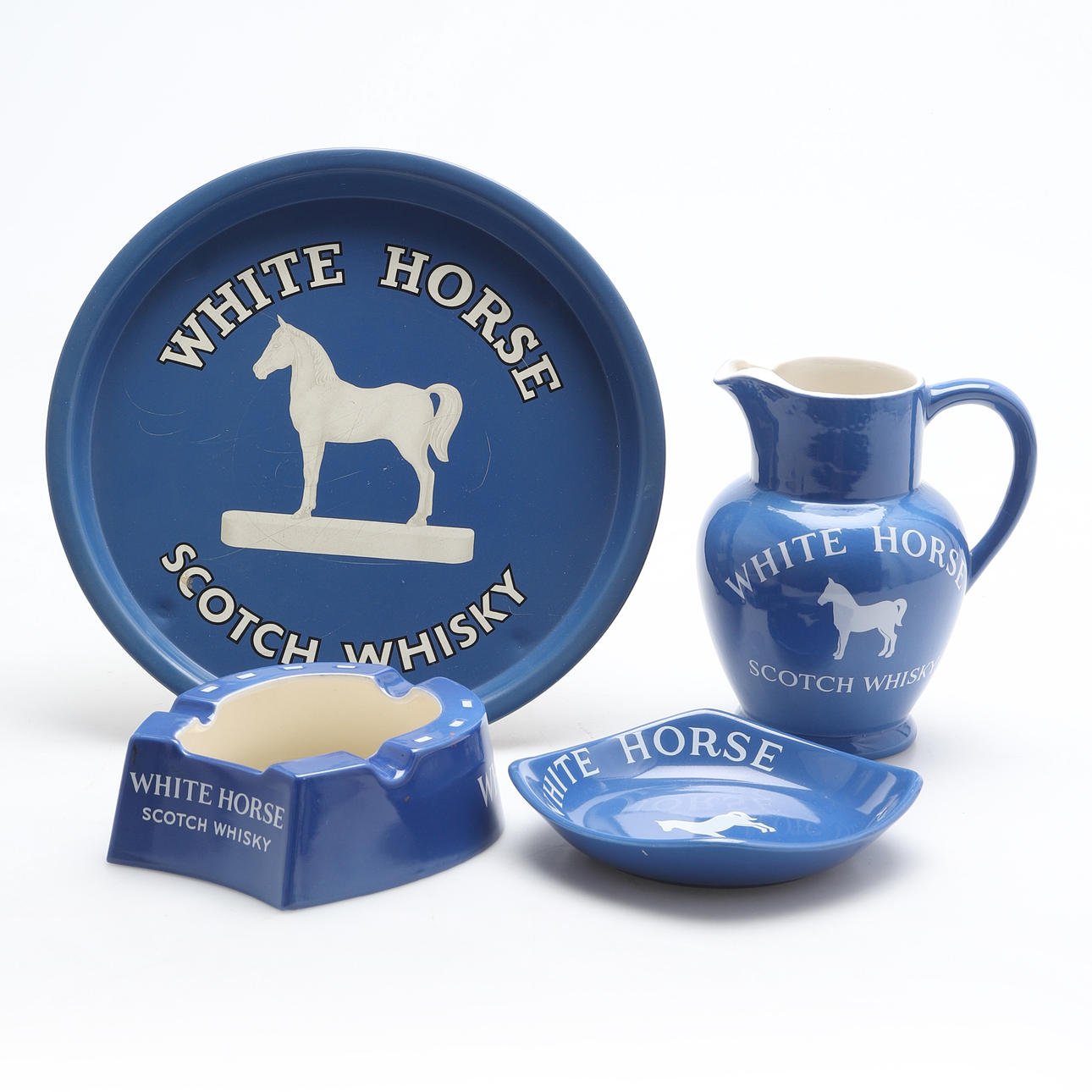 WHITE HORSE SCOTCH WHISKY, porcelain and metal. 3 pieces, Kirkham