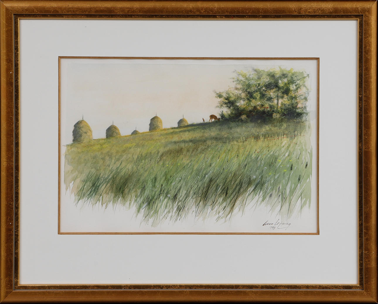 GÖRAN LÖFWING. Deer and horses, watercolour, signed and dated 1998.