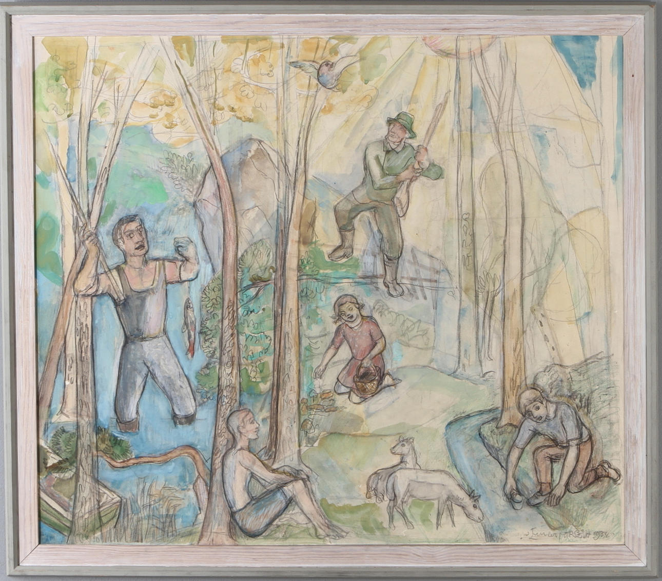 EINAR FORSETH. Friluftsliv, blandteknik på papp, signerad och daterad 1954.