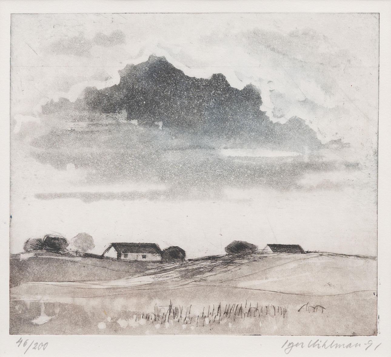 INGER KIHLMAN (1933-1998). Farm motif, etching, signed, dated and numbered.