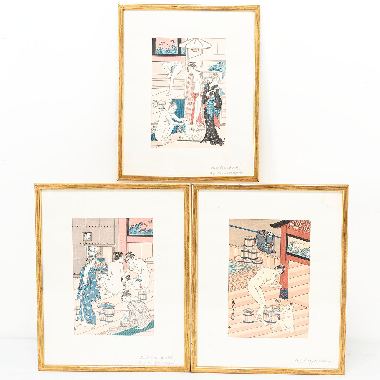 TORII KIYONAGA. After. color woodcuts, 3 pcs, marked with monograms.