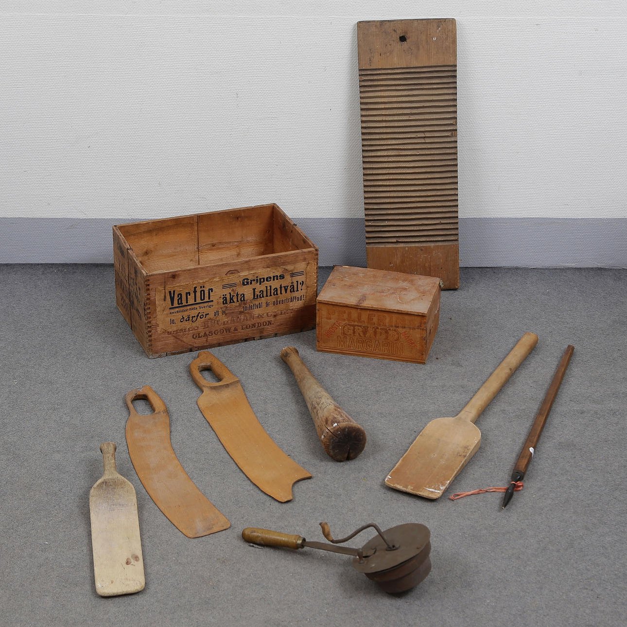 OLD WOODEN BOXES WITH VARIOUS UTILITIES, WASHBOARD, TOOLS, ETC.
