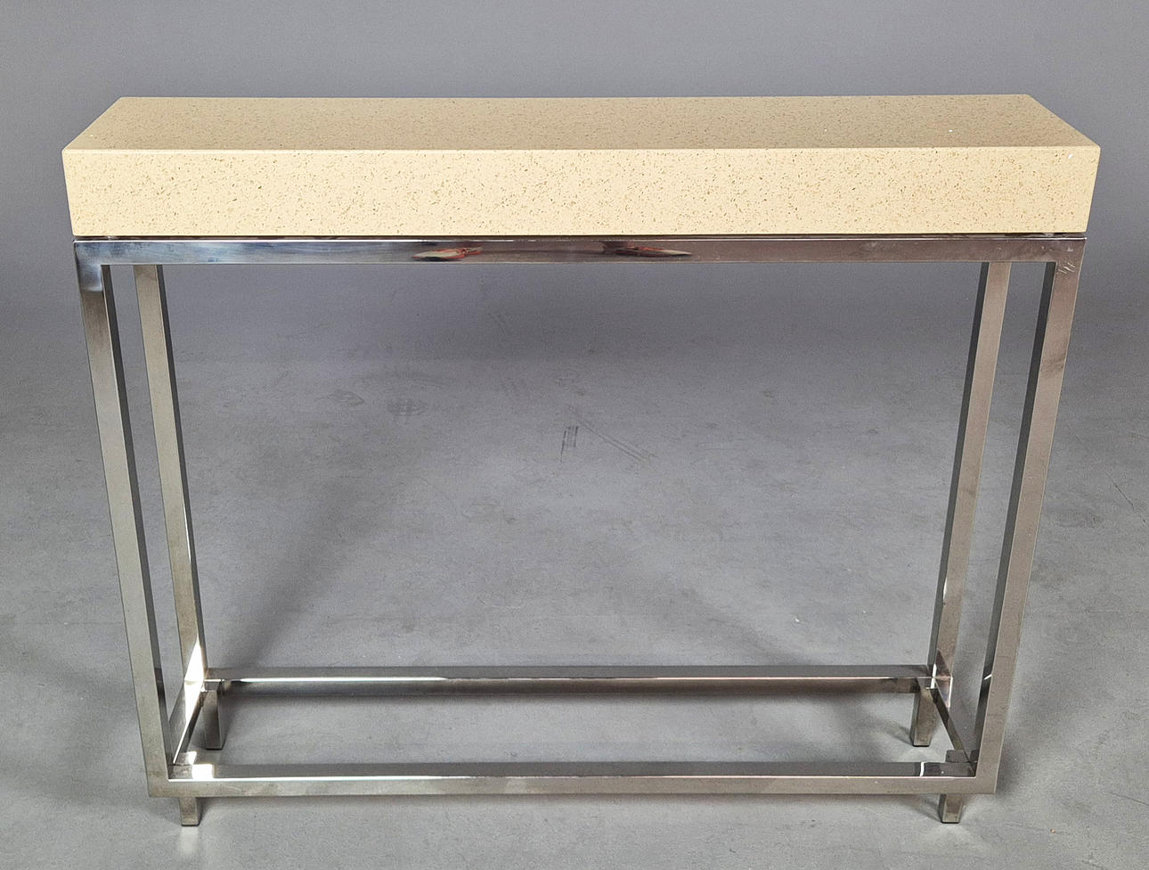 CONSOLE TABLE WITH TRAVERTINE TOP ON CHROME BASE.