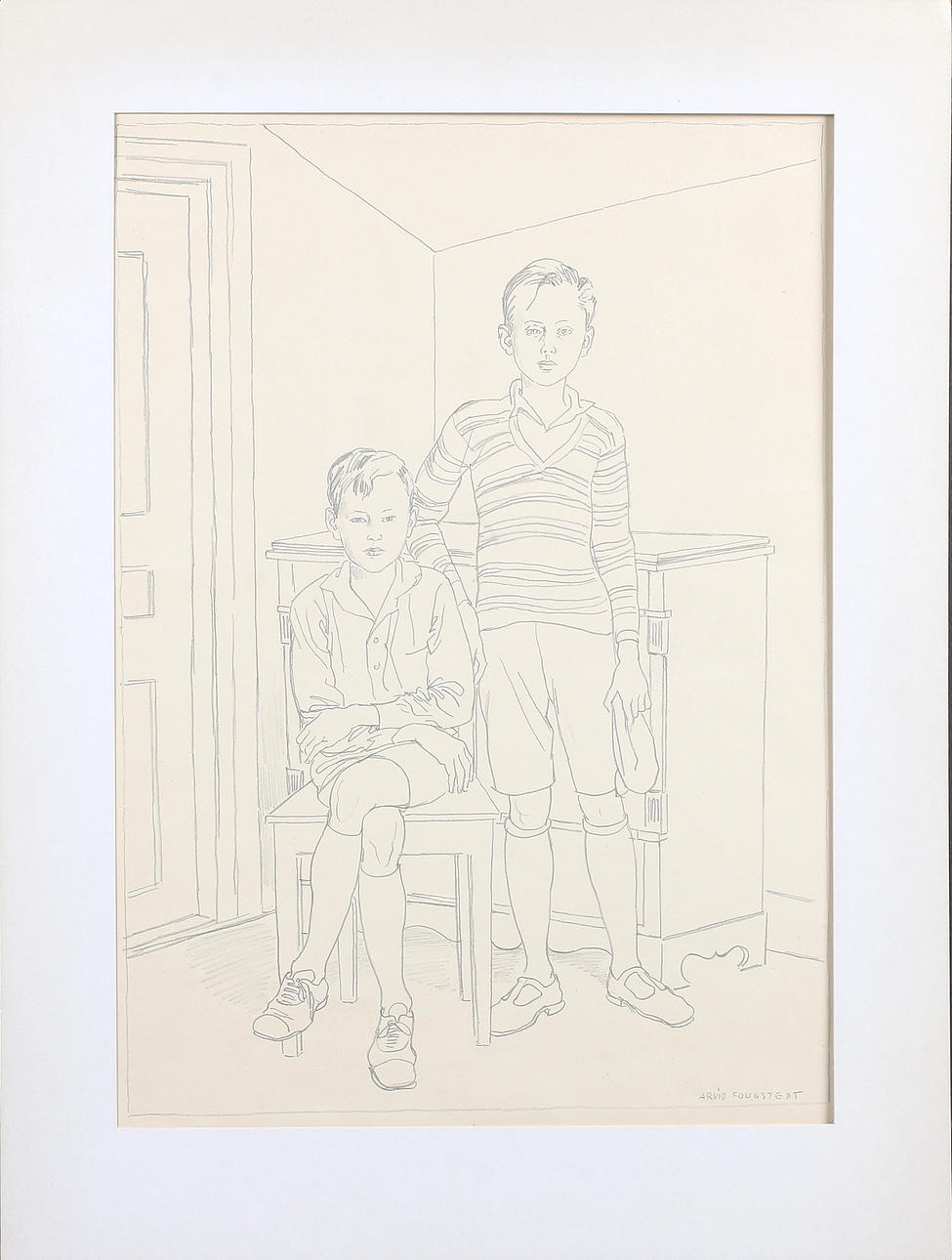 ARVID FOUGSTEDT. Två pojkar, blyerts, signerad.