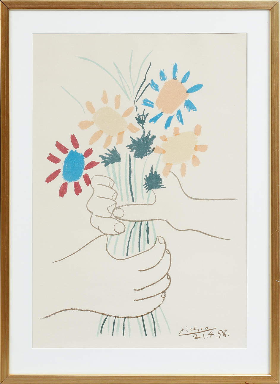 PABLO PICASSO. After. “Flowers”, lithographic print, signed in print.
