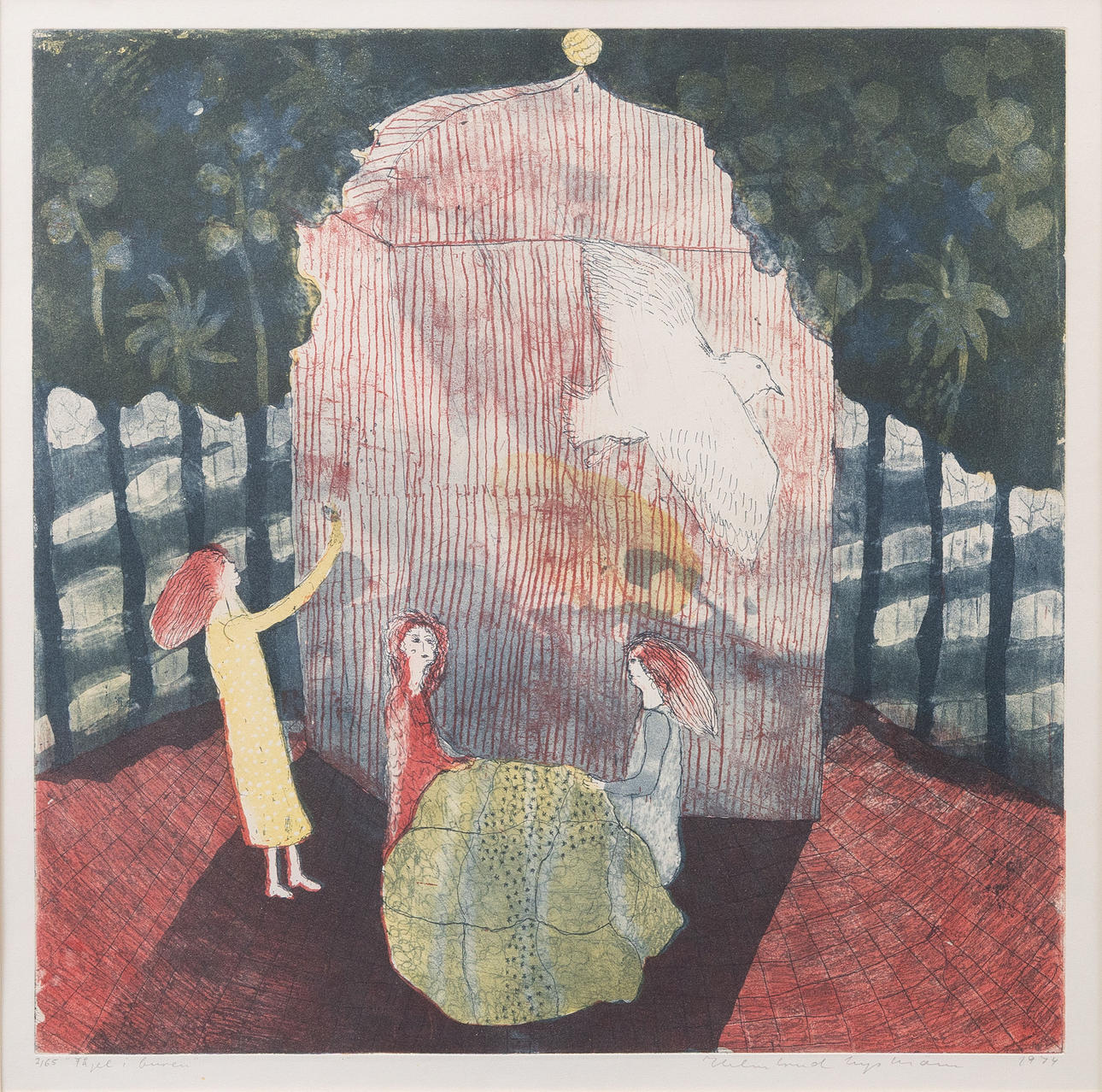 HELMTRUD NYSTRÖM. “Bird in the cage”, colour etching, signed and dated 1974.