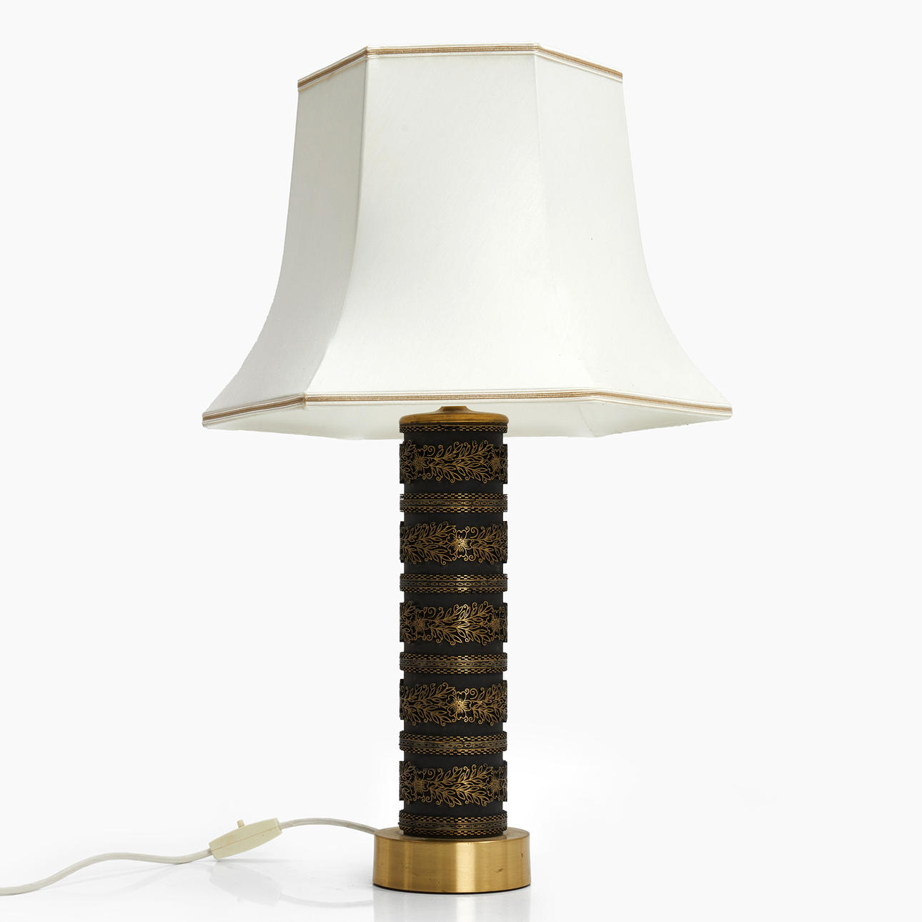 TABLE LAMP, Chinese wallpaper roll mounted on brass base.