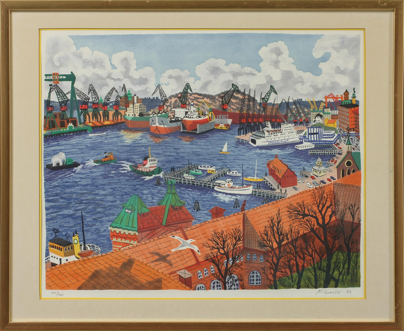 MONA HUSS WALIN. Hamnbild med Sessanlinjen, färglitografi, signerad och numrerad 404/460.