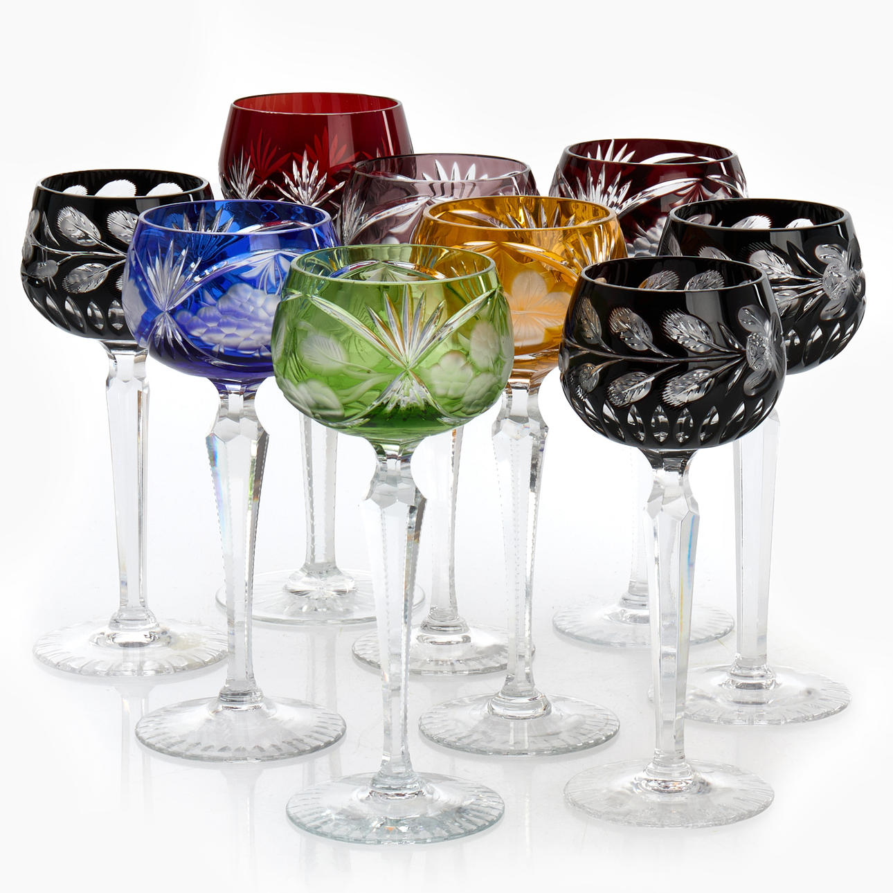 WINE GLASSES, 9 pcs, colored cups with polished decor, 3 different models.