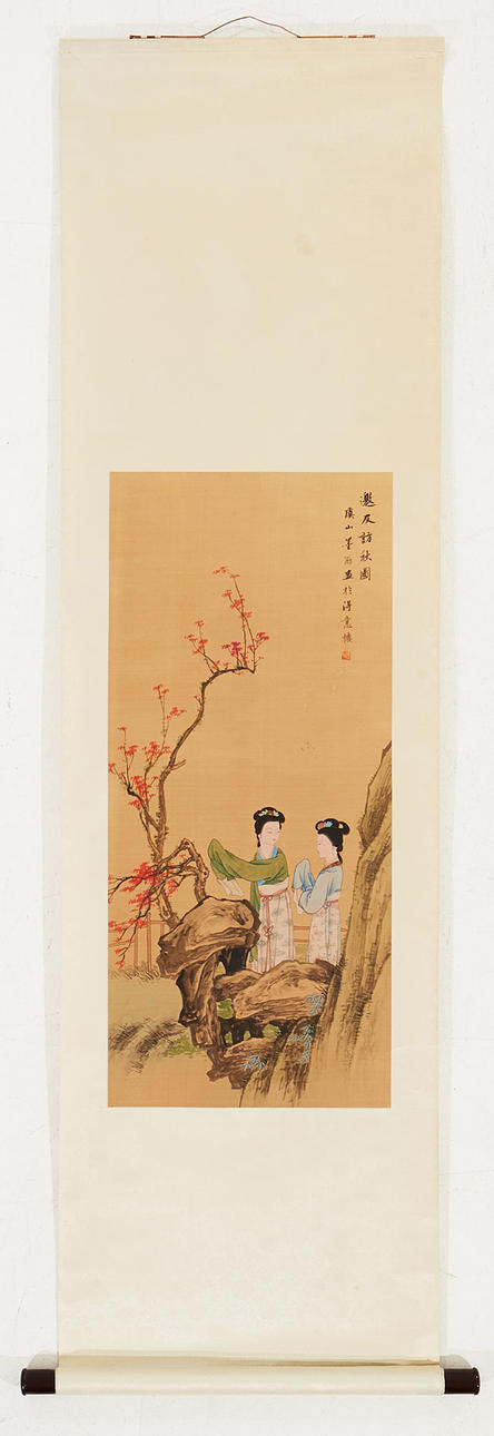 SCROLL, on silk, China, second half of 20th century, motif of figural scene at garden rock, calligraphy, seal.