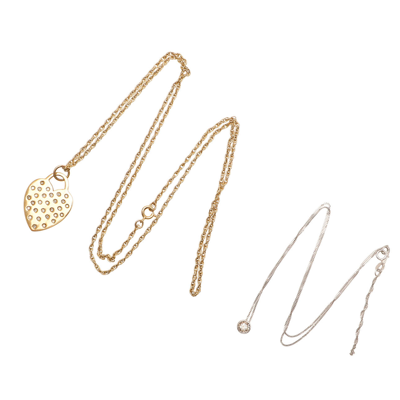 TVÅ 9CT GULD OCH DIAMANT HÄNGEN.