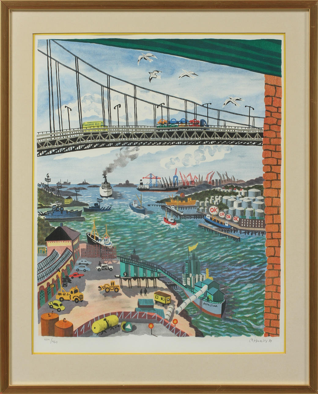 MONA HUSS WALIN. Hamnbild med Älvsborgsbron, färglitografi, signerad och numrerad 404/460.