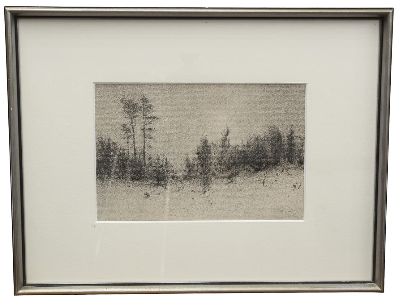 GUNNAR NORRMAN. Charcoal drawing, landscape, signed, dated 1945, back with dedication.