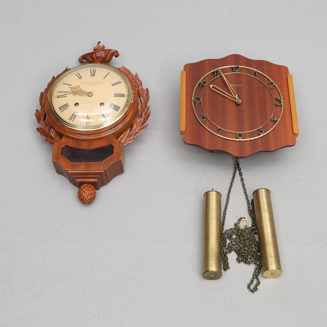 WALL CLOCK. Two, Union Stjernesund, Hedemora and Westerstrand.