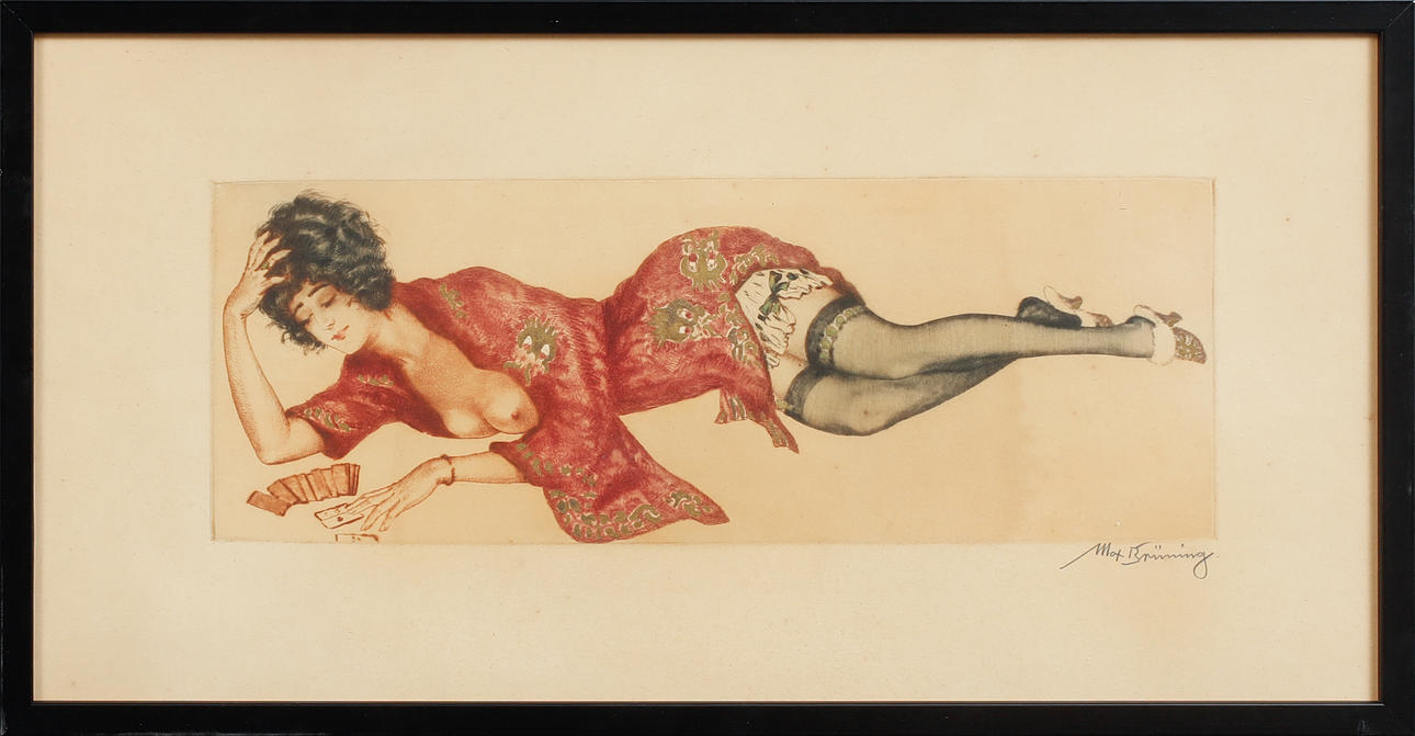 MAX BRÜNING. Woman with card, colored etching, signed.