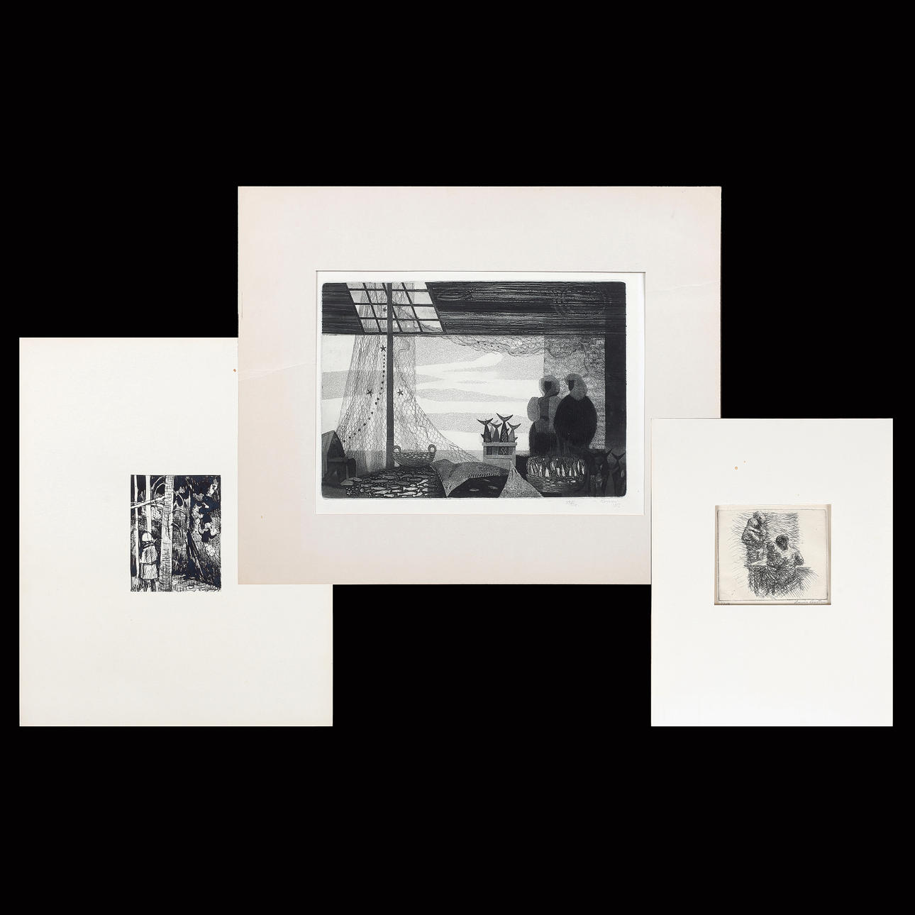 ETSNINGAR, 2 st, bl.a. Louis Bastin samt TECKNING, tusch, Rune Hagman.