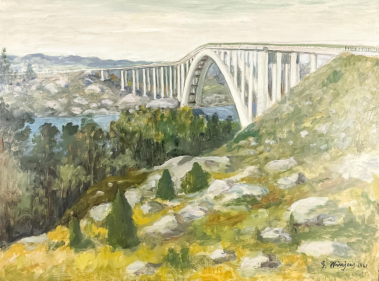 Unknown artist, Oil on panel, “TJÖRNBRON”, Signed and dated 1961.