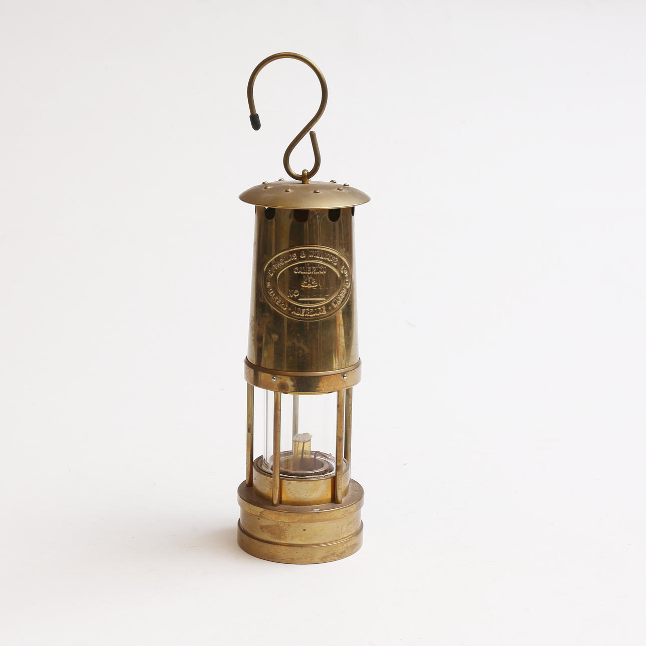 A brass mining lantern, E. Thomas & Williams Ltd, Cambrian no 283321, Wales.