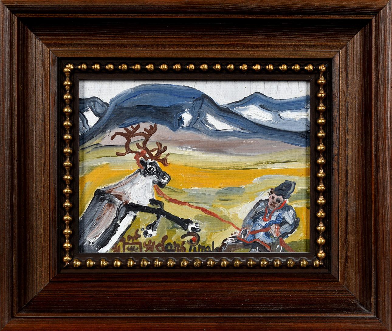 LARS PIRAK. Oil on panel “Same with lasso & reindeer” 20th century.