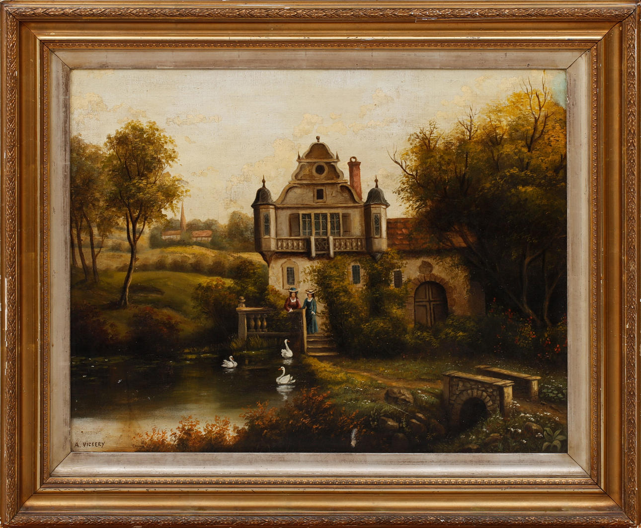 OIDENTIFIERAD KONSTNÄR. Farm with figurines and swans, oil on canvas, signed A Vickery.