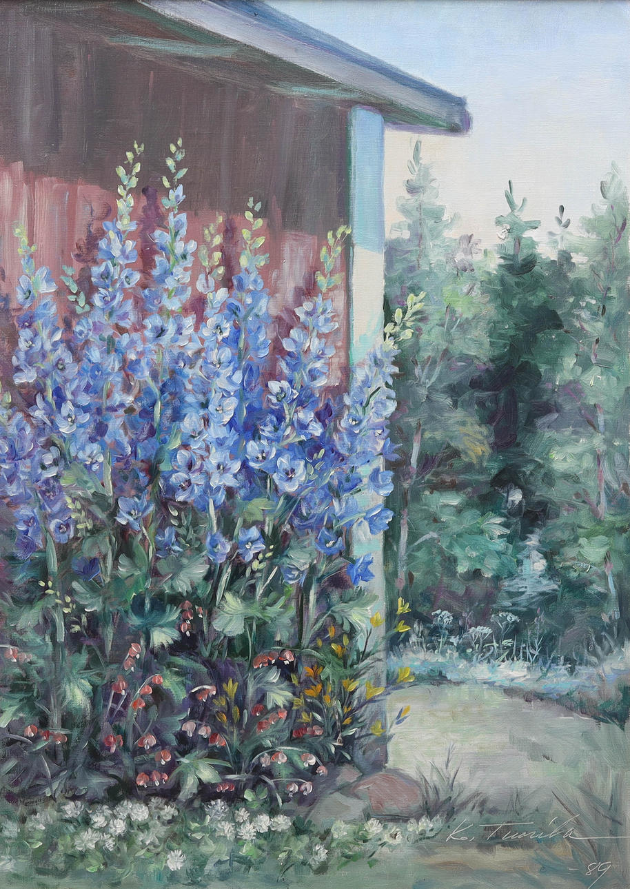 OIDENTIFIERAD KONSTNÄR. oil on canvas, croft garden with knight spurs, signed, dated 1989.