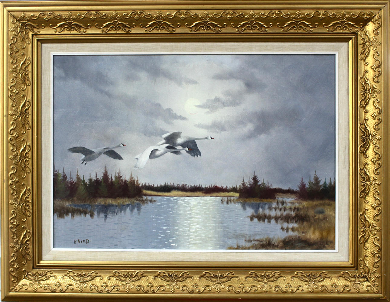 H. NÖRDLICH. Gänse. Öl auf Leinwand.