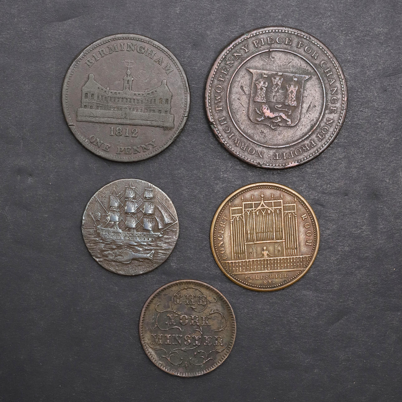 A COLLECTION OF FIVE REGIONAL TOKENS, 1796 AND LATER.