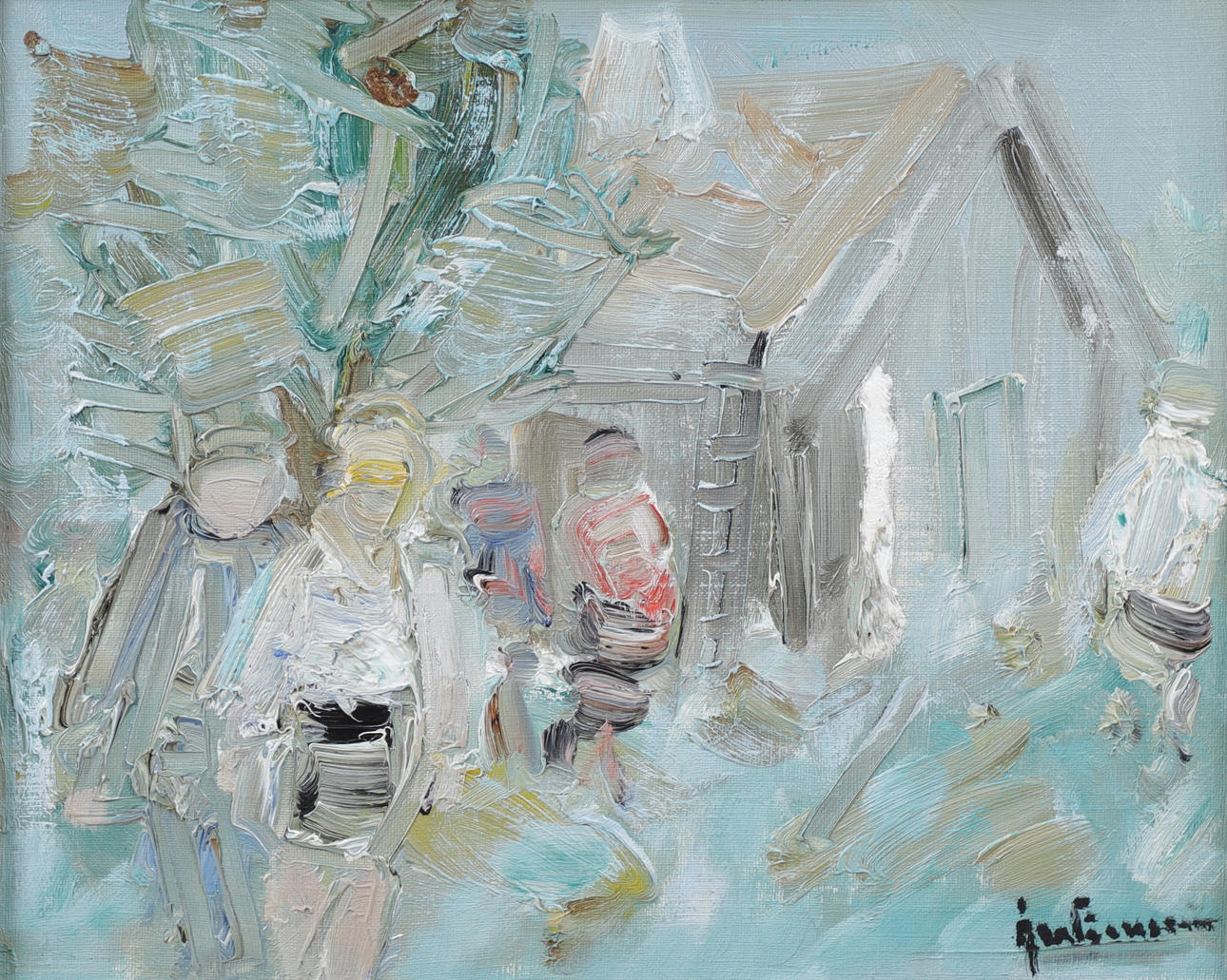 ÅKE WICKSTRÖM. Figures at barn, Oil on canvas, signed.