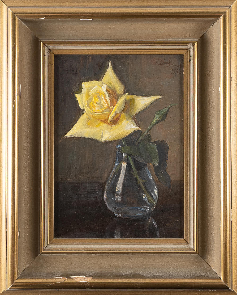 CARL LJUNGBERG. Oil on panel, yellow rose, dated 1942, signed.
