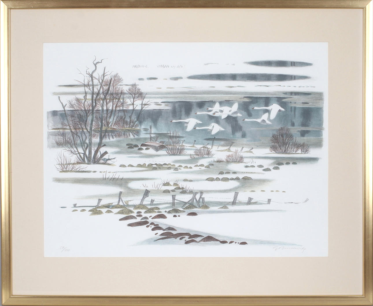 GUNNAR BRUSEWITZ. Flying Swans, lithograph, signed and numbered 59/310.