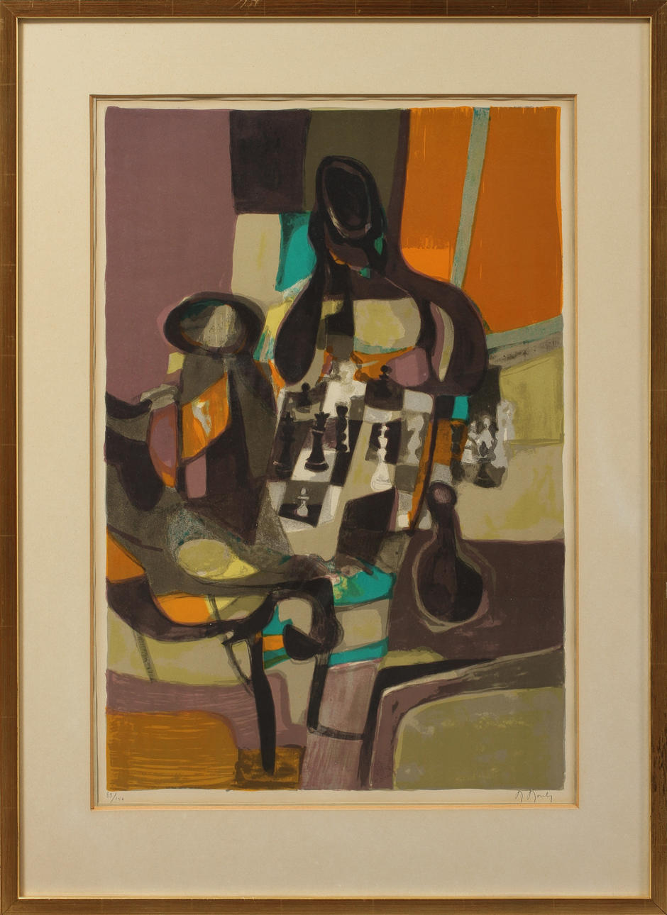 MARCEL MOULY. Schackparti, färglitografi, signerad och numrerad 83/150.