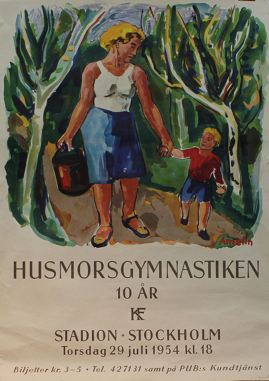 ALBIN AMELIN. "Husmodersgymnastiken 10 år KF". Färglitografi. Signerad Amelin i trycket.