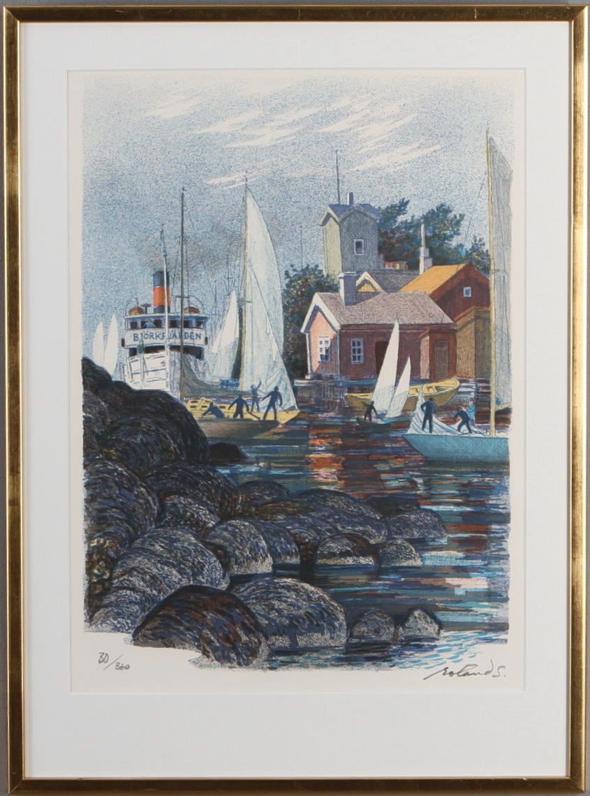ROLAND SVENSSON. "Sandhamnshålet", färglitografi, signerad och numrerad 30/360.