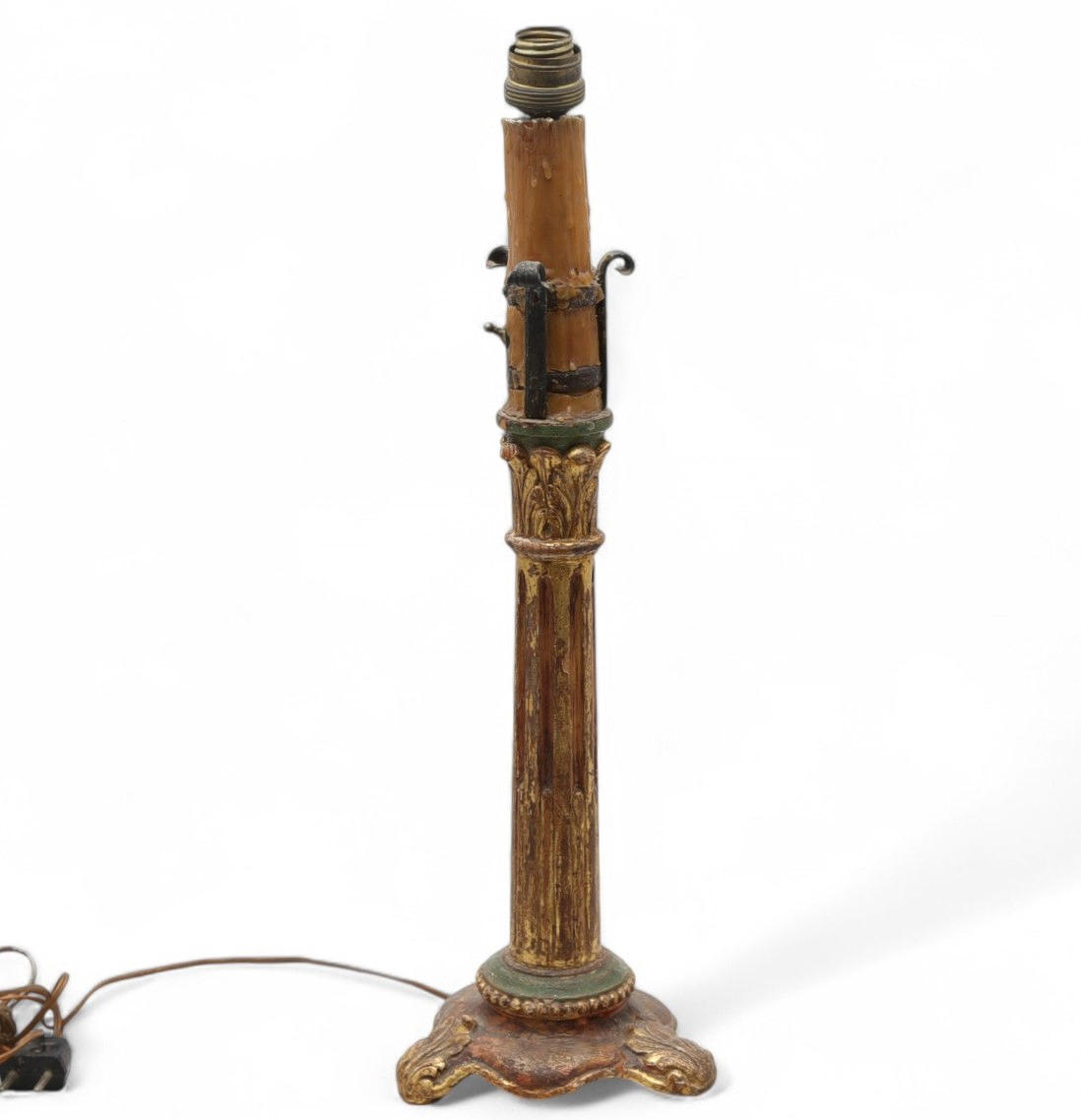 Baroque style column lamp in carved, polychrome and gilded wood.