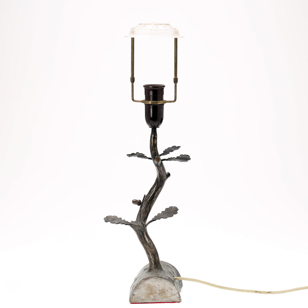 Table lamp made of bronze patinated metal, branch with oak leaves. First half of the 20th century.