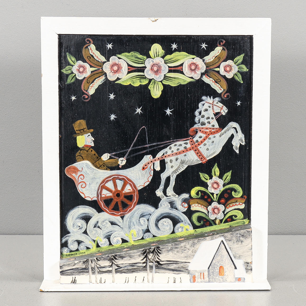 Wall candlestick painted in masonite, signed Haerner 1939.