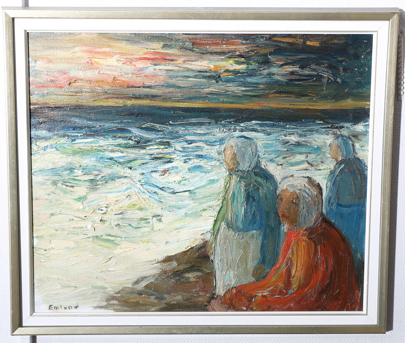 EINAR EMLAND. Olja på duk, "Väntan på båten", signerad Emland.