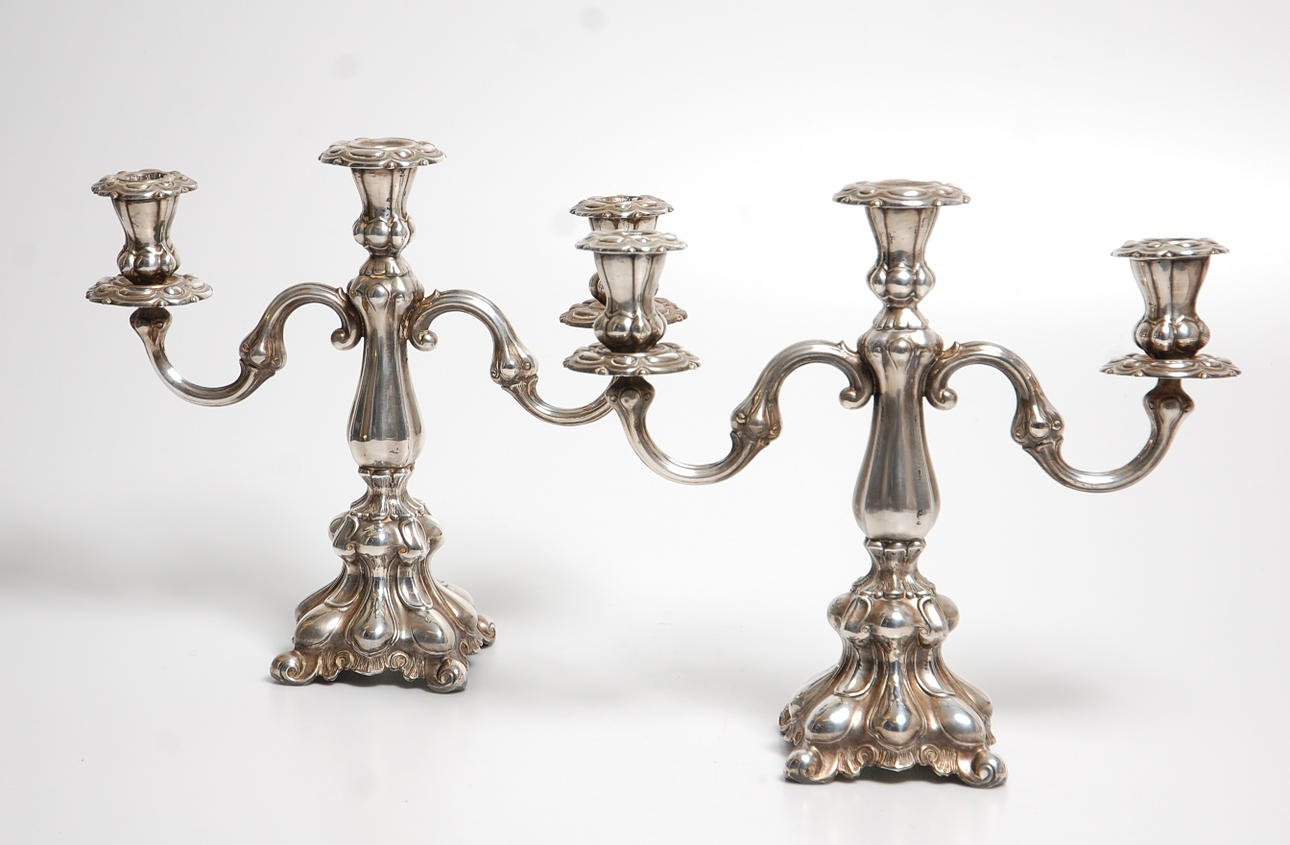 KANDELABER 1 par, nysilver, rokokostil,1900-tal.