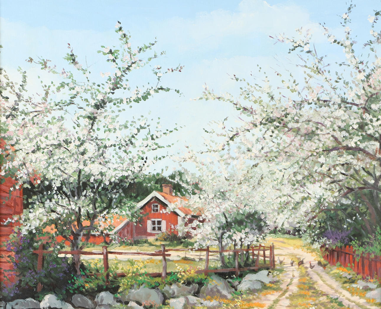 OIDENTIFIERAD KONSTNÄR. Farm with flowering trees, oil on canvas, indistinctly signed.
