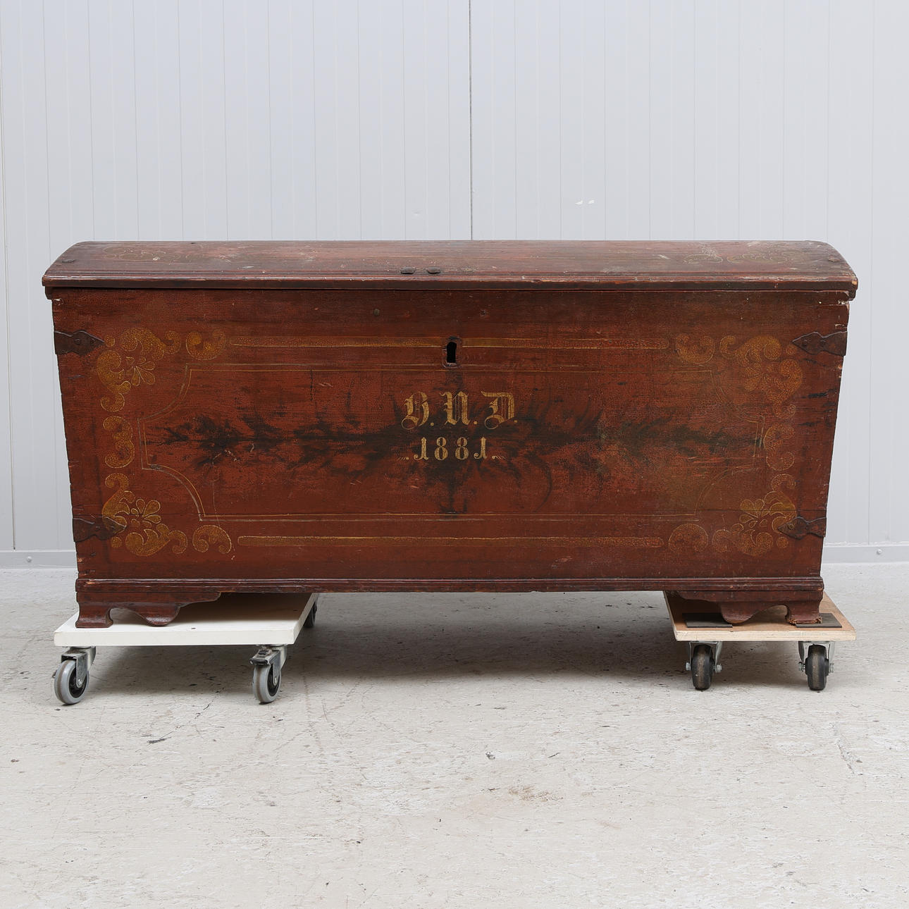 LARGE CASKET. Allmoge, wood, monogram, dated 1881.