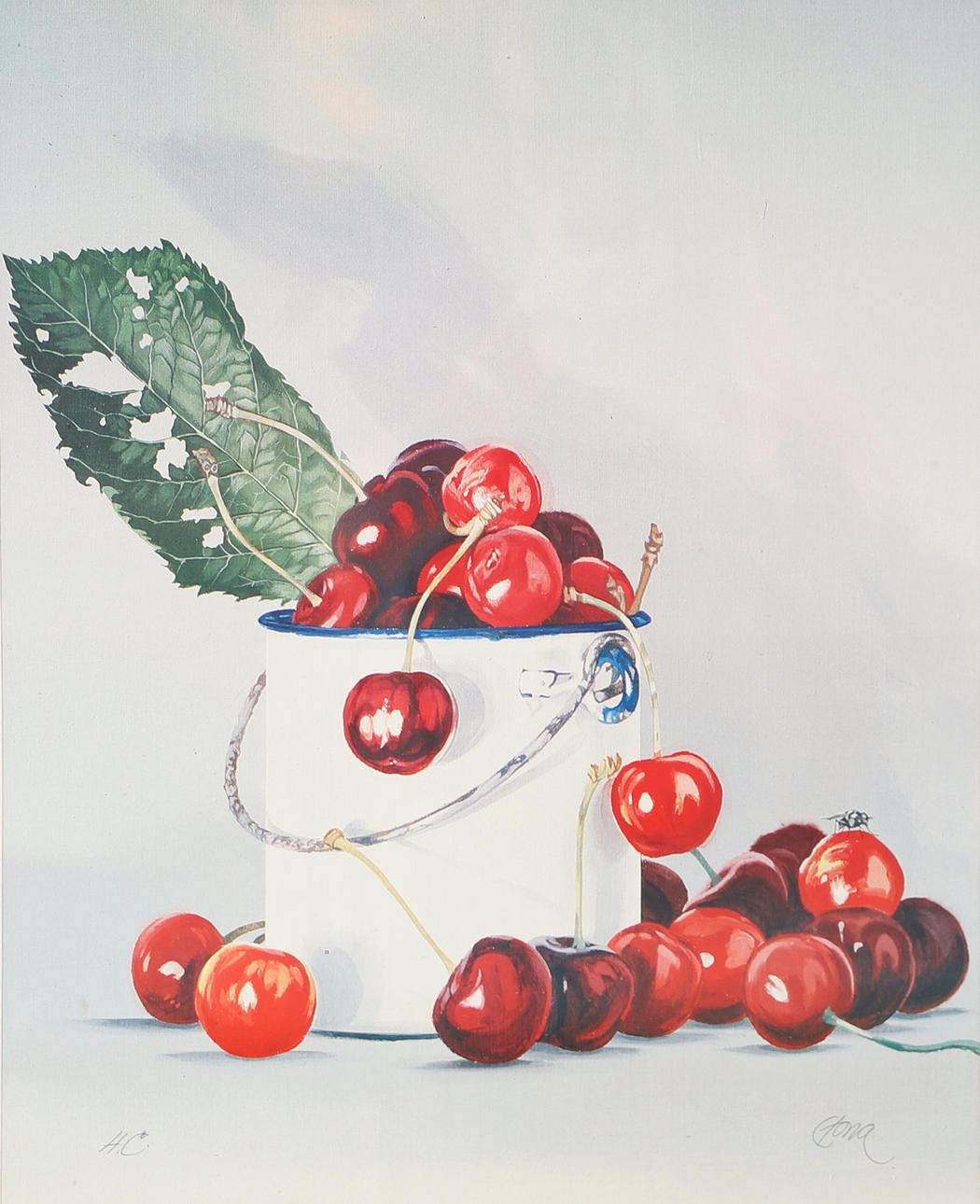 LARS CRONA. Still life with cherries, lithograph in colours, signed Crona.